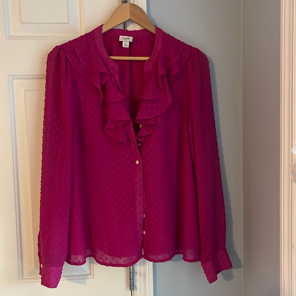 J. Crew Button Down Ruffle Clip Dot Blouse - Size L